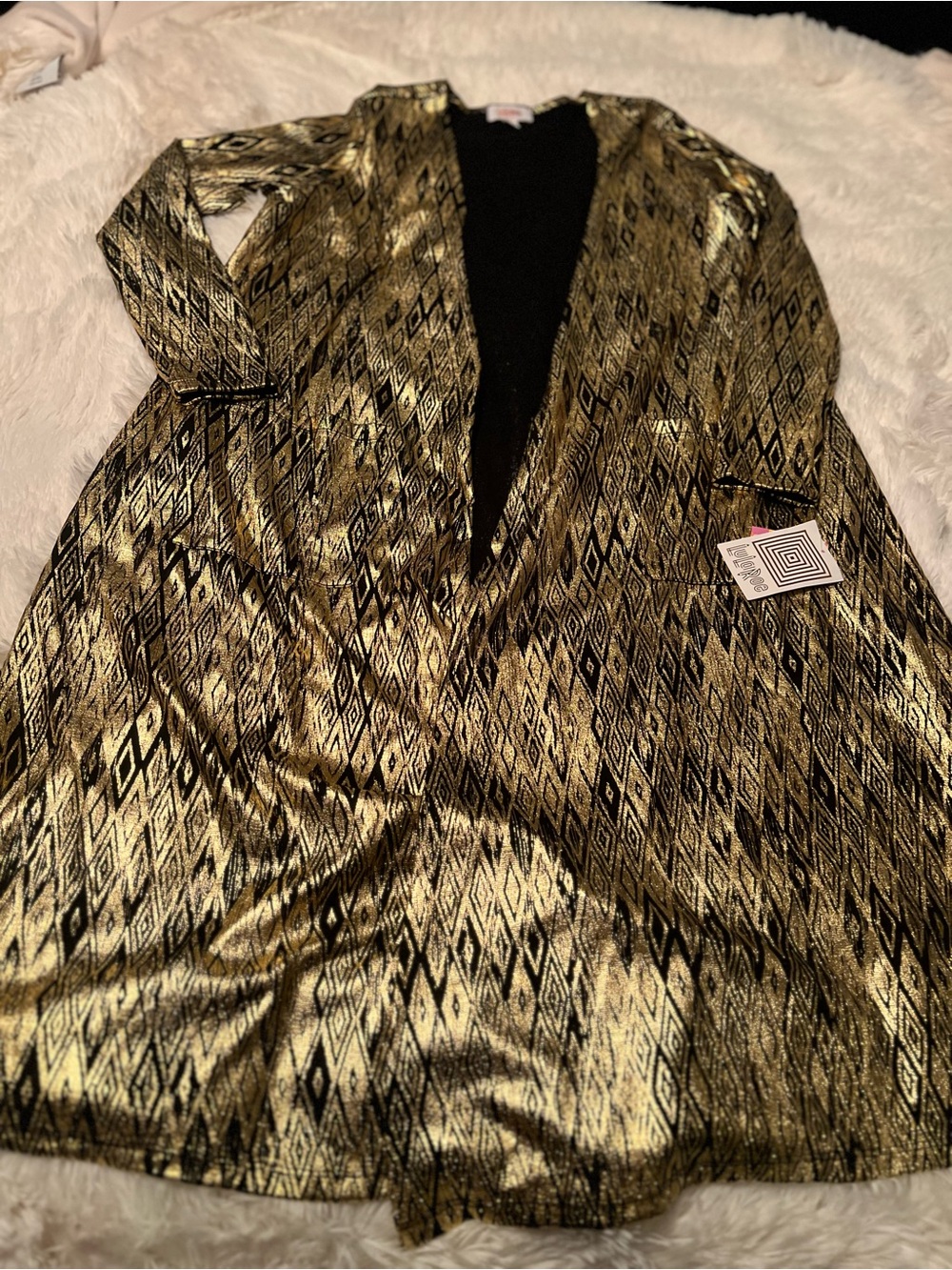LuLaRoe Black with Metallic Gold Trim Swing MIDI Cover Up